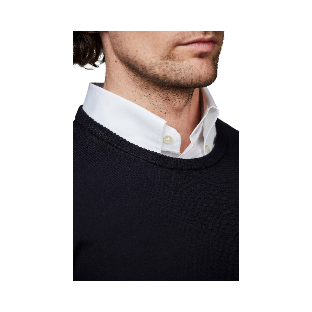 CREW NECK SWEATER, ELBOW PATCH - Navy