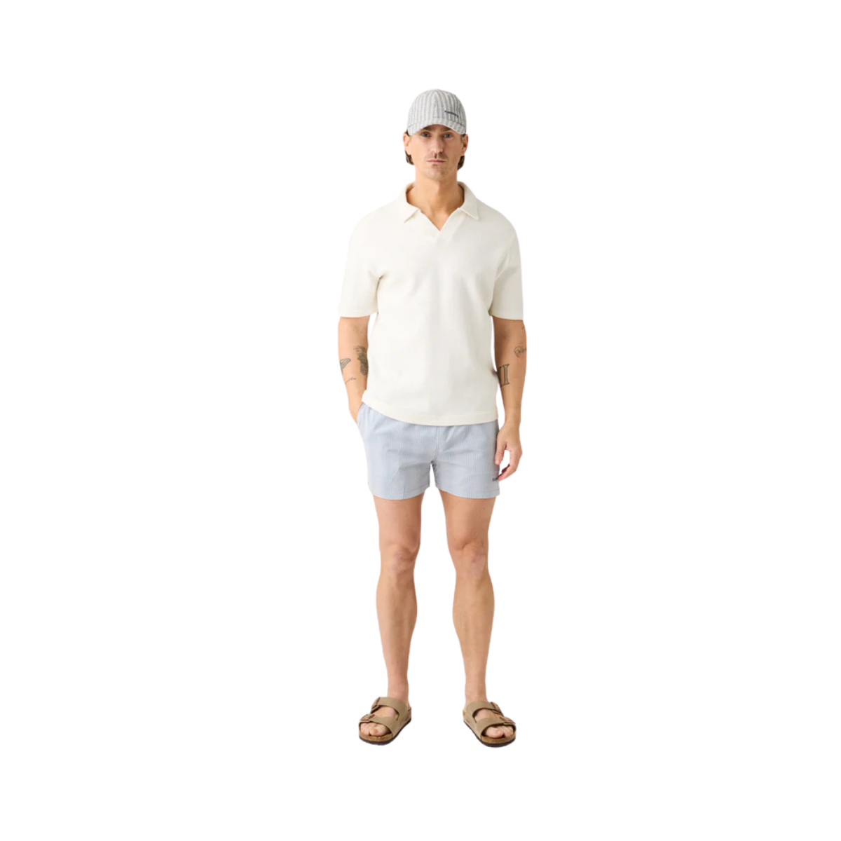 Mid-Thigh Stripe Seersucker Swimshorts - Blue stripe