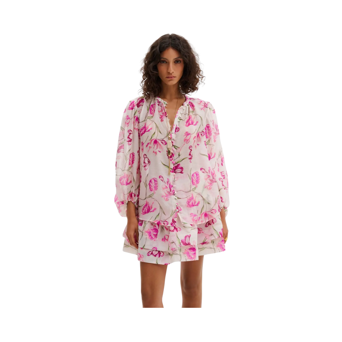 Minoa Balloon Slevee Sheer Blouse - Tulip Pink