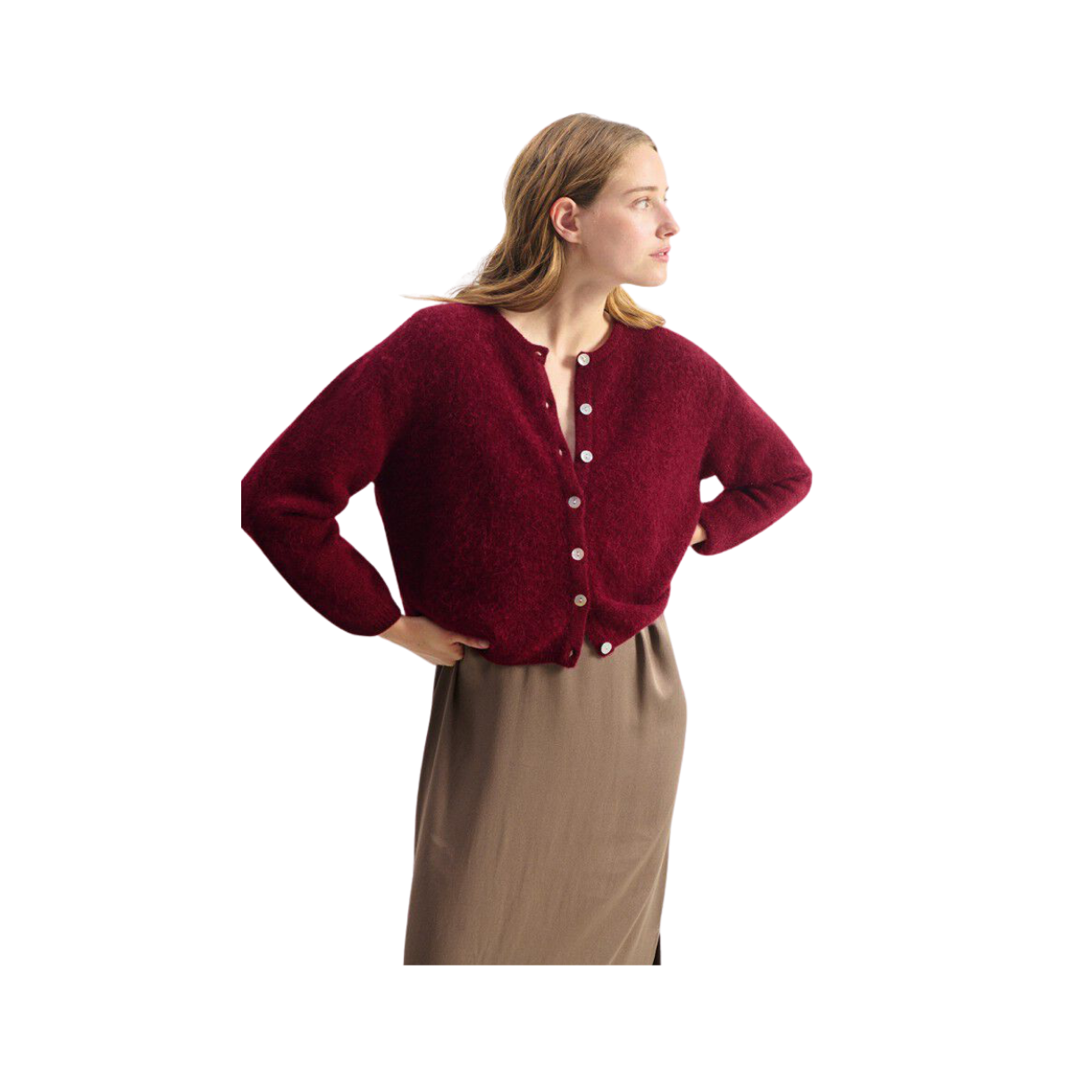 Gilet Court Ml Col Rond Boutonne - Cerisier Chine