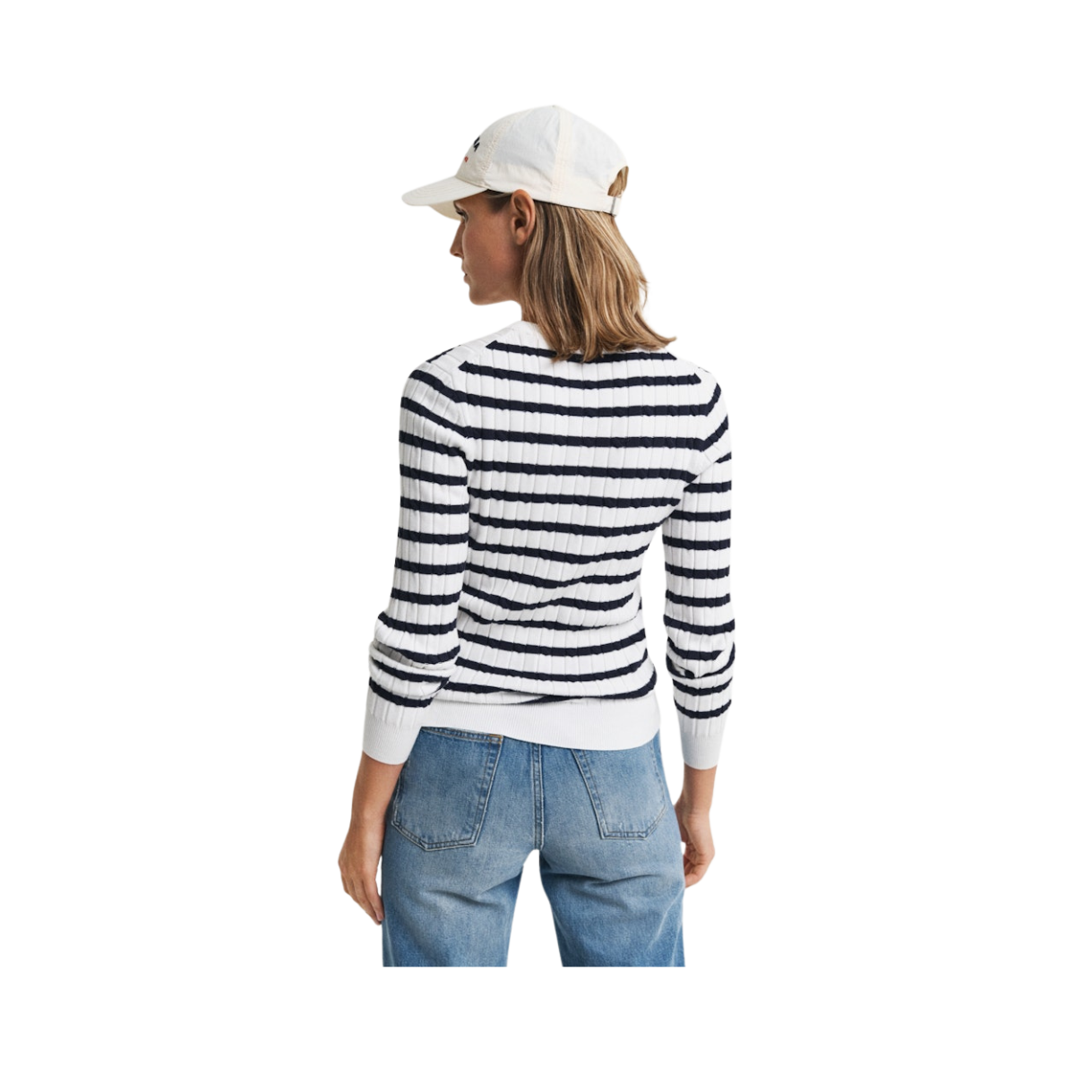 STRETCH COTTON CABLE STRIPE C-NECK - Eggshell