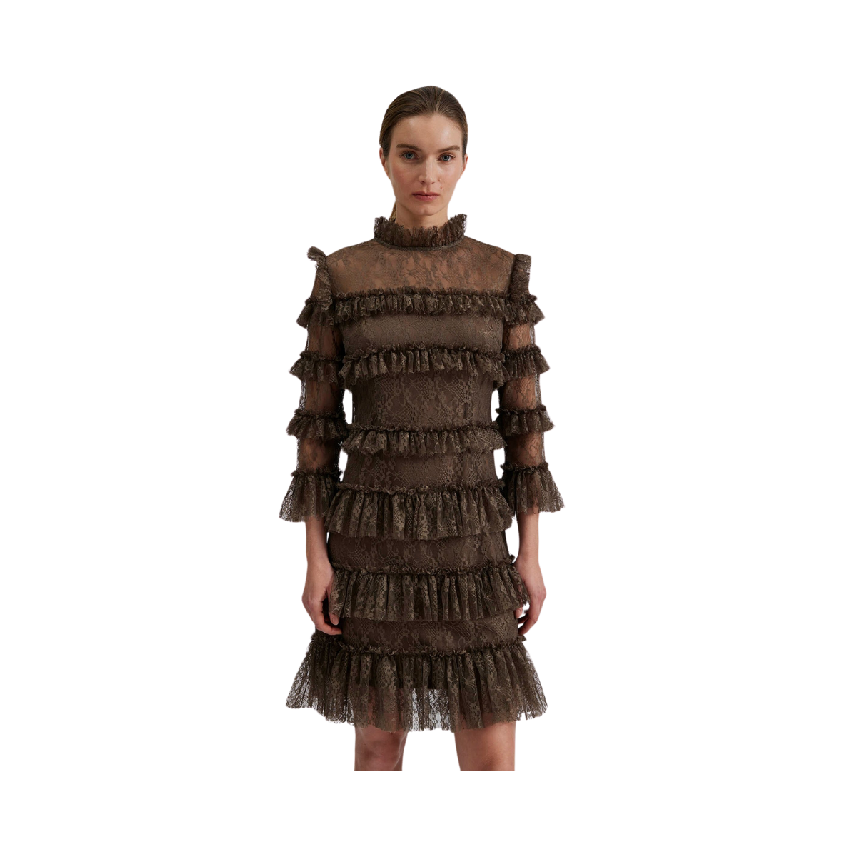 Carmine Frill Mini Lace Dress - Brown