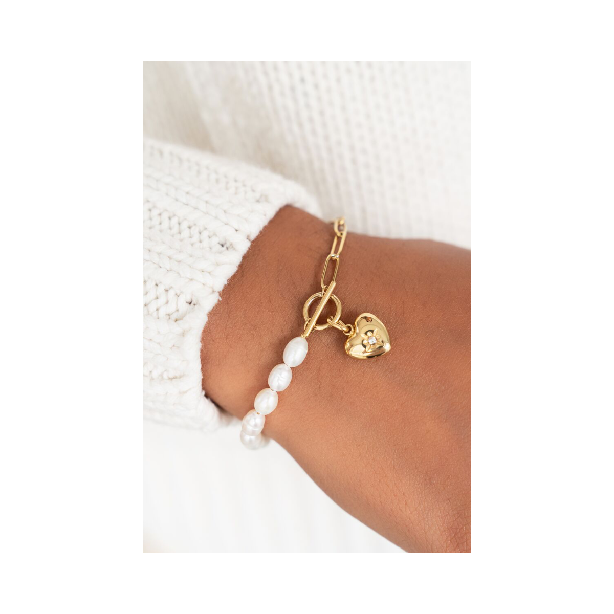Bracelet Chain Pearls Heart Charm - Gold