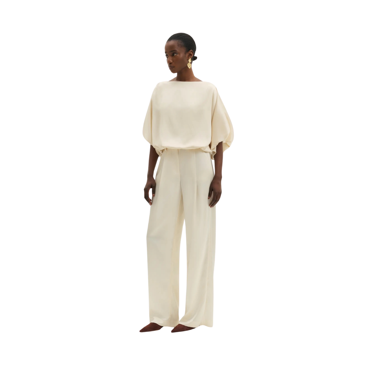 Havanna Boat-Neck Puff-Sleeve Blouse - Pearl