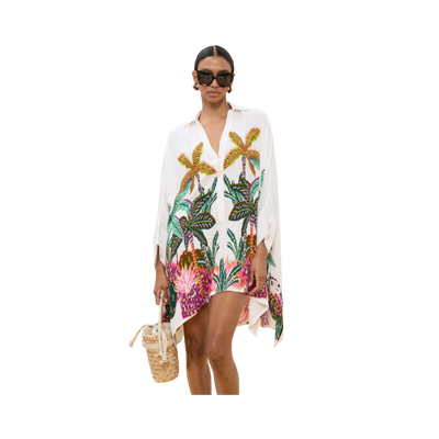 Oversized Shirt with Palm Print - Ecru-Multicolor