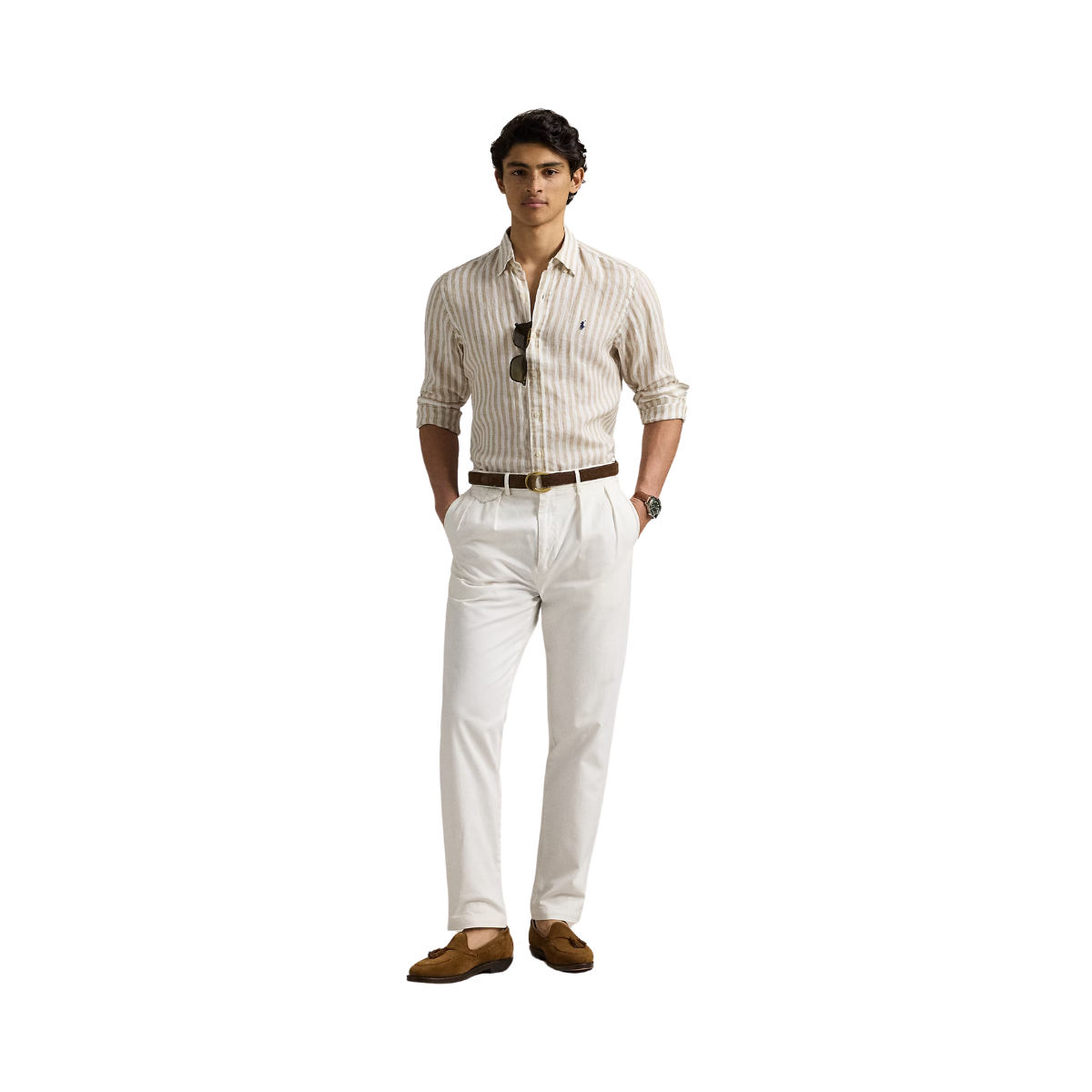Custom Fit Striped Linen Shirt - Coastal Beige/White