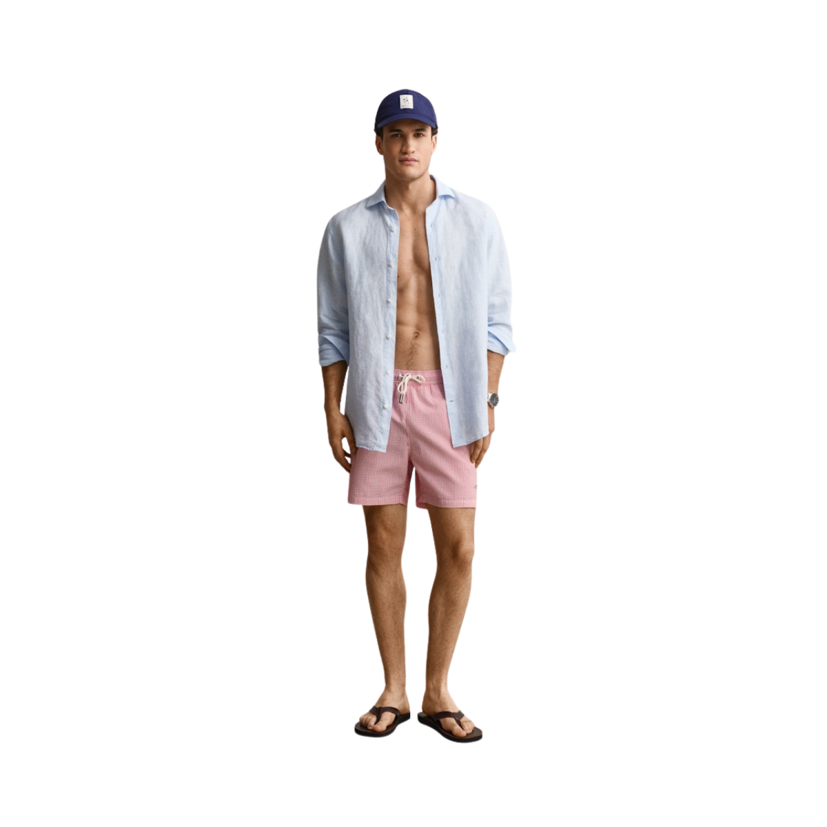 Striped Seersucker Swim Shorts - Rose Red