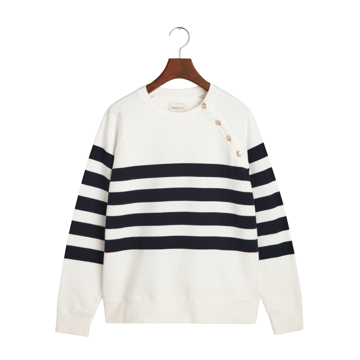 Striped Gold Button C-Neck Sweat - 113 Eggshell
