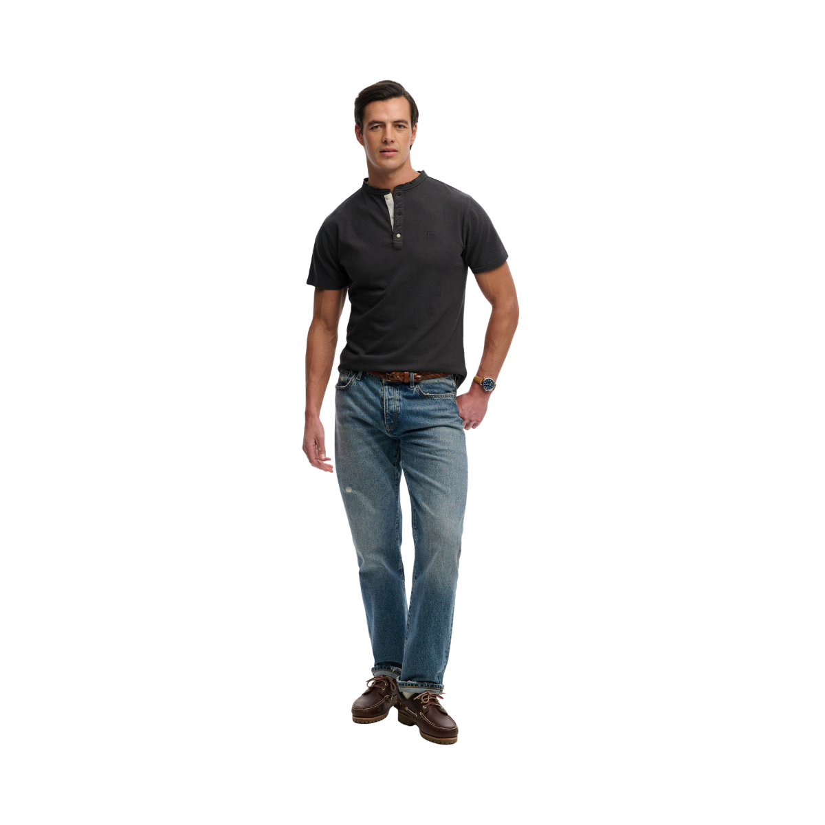 Classic Cotton Lin Ss Grandad - Dark Charcoal