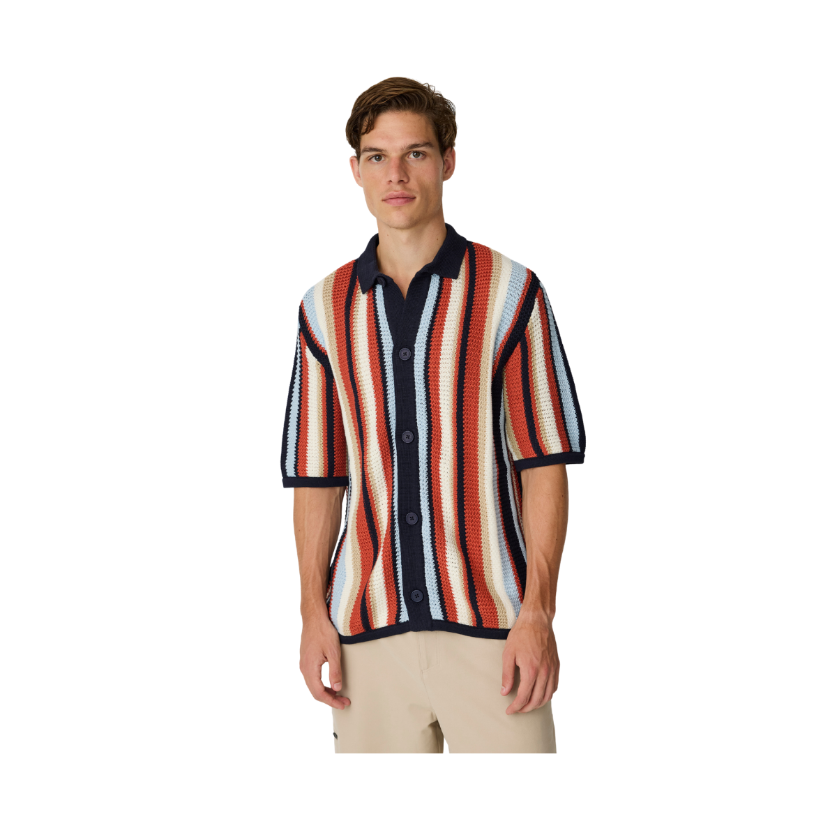 Loose Short Sleeve Striped Knitted Shirt - Navy