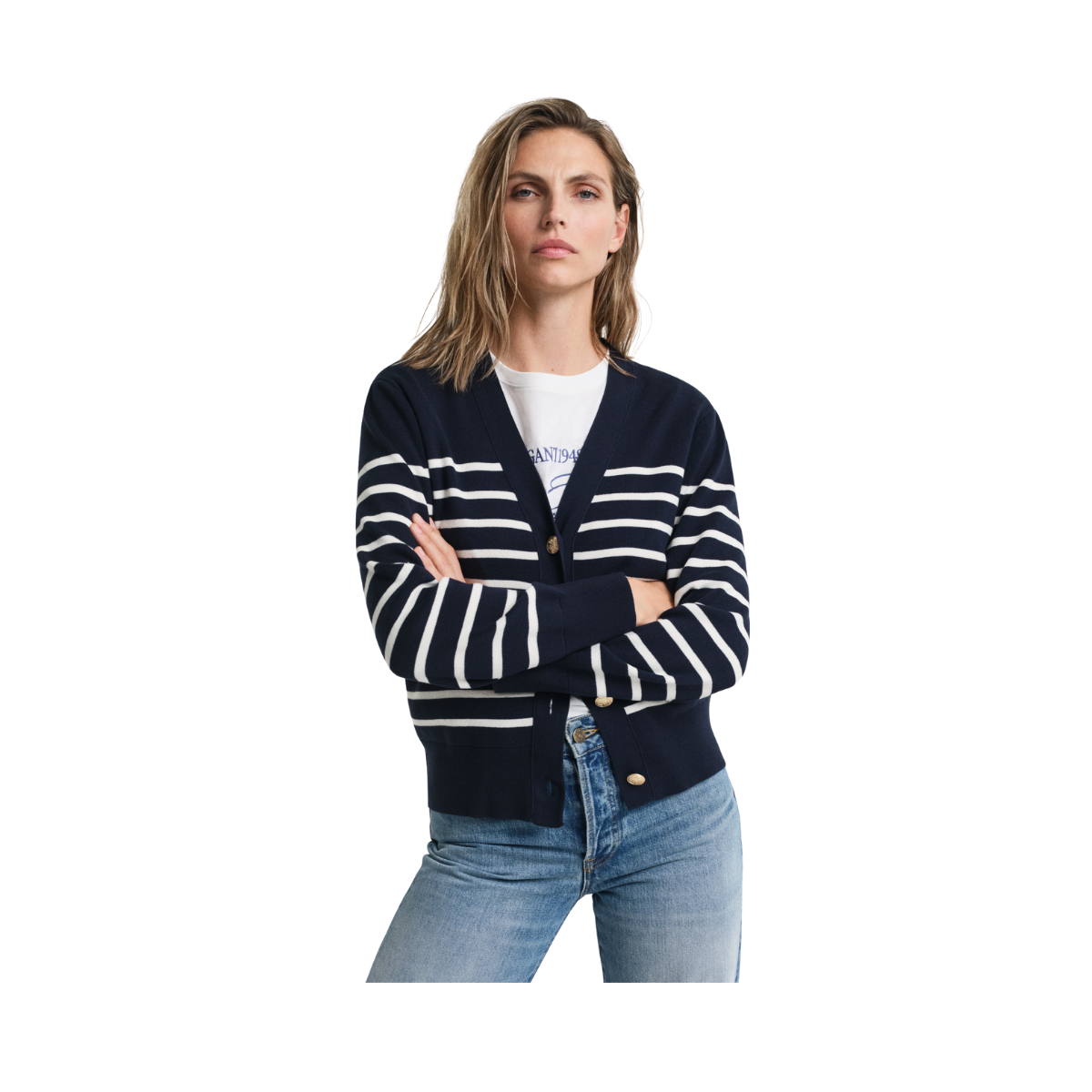 Striped Cotton Cardigan - 433 Evening Blue