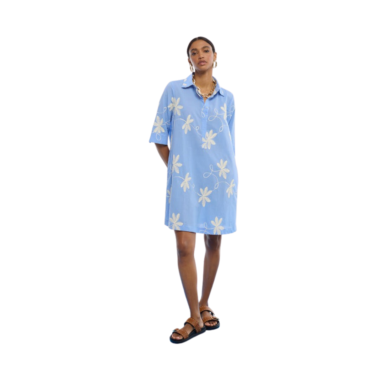 Shirt Dress with Embroidered Flowers - Blue-Ecru