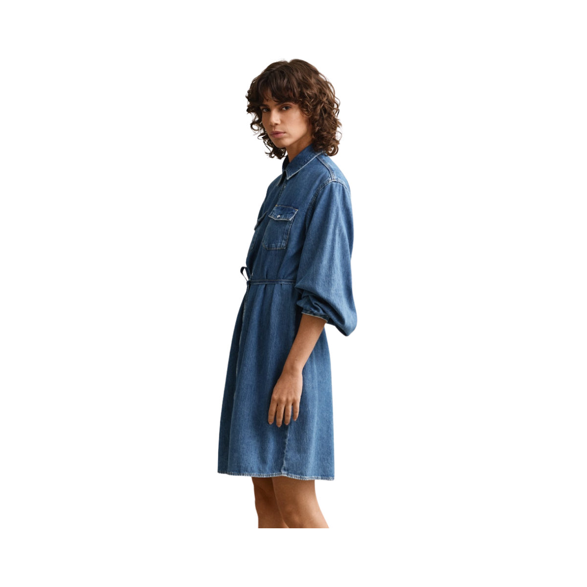 Denim Volume Sleeve Shirt Dress - Mid Blue Archive