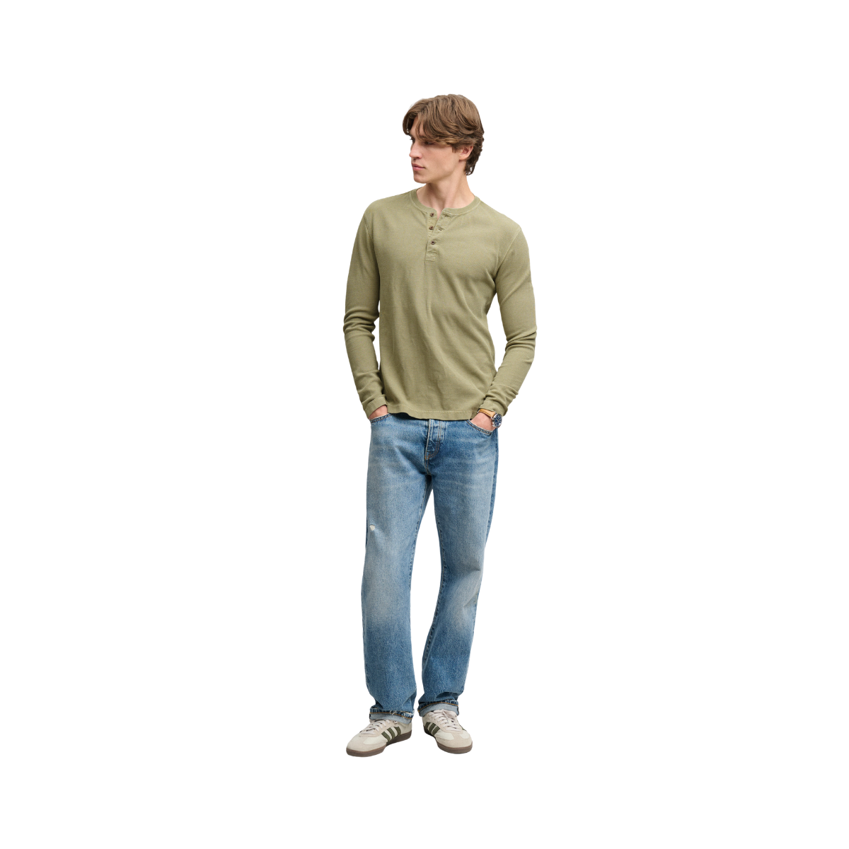 Waffle Long Sleeve Henley Top - Light Khaki Green