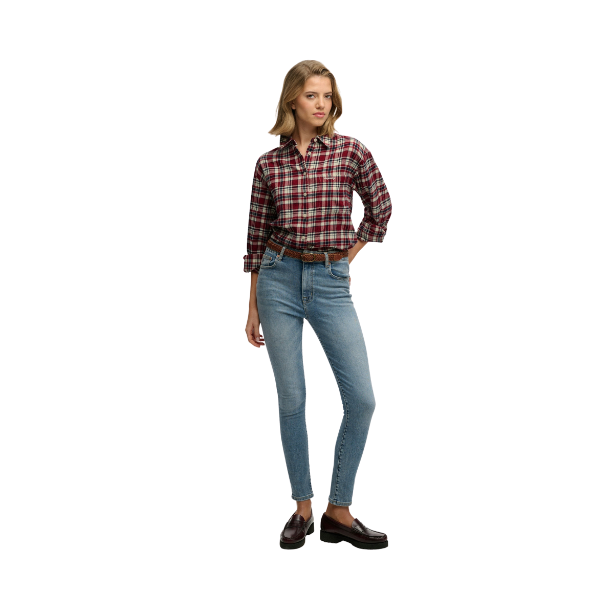 Check Flannel Relaxed Shirt - K1V Bordeaux Red Check