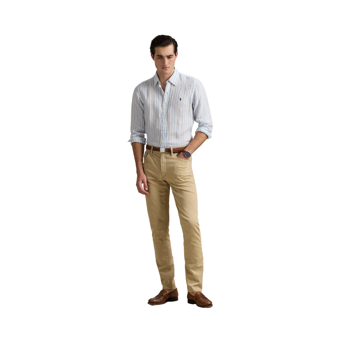 Custom Fit Striped Linen Shirt - Office Blue/White
