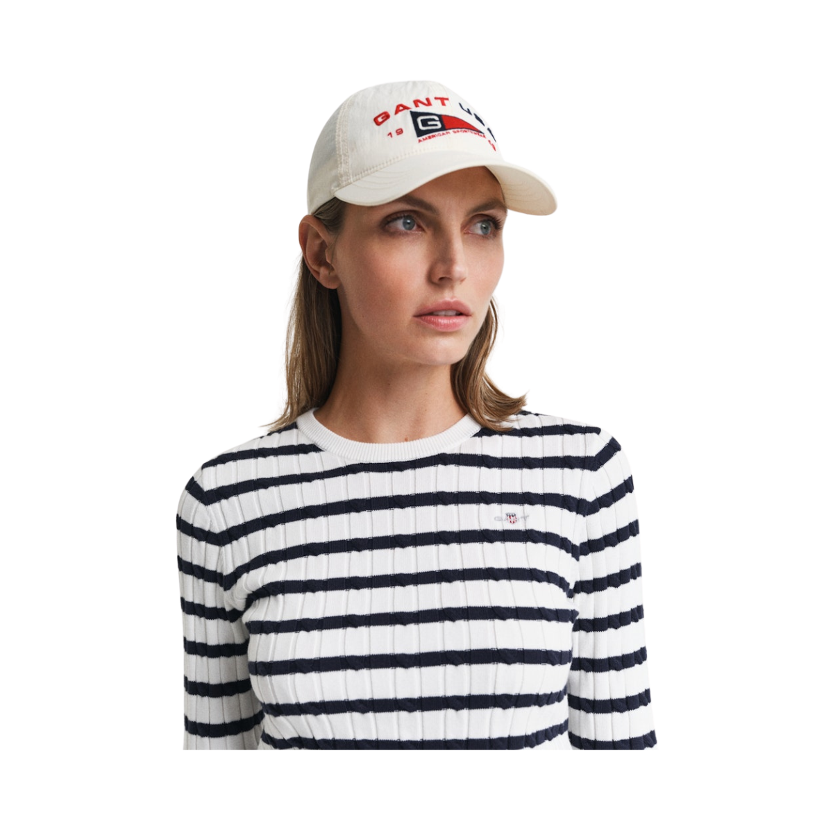 STRETCH COTTON CABLE STRIPE C-NECK - Eggshell