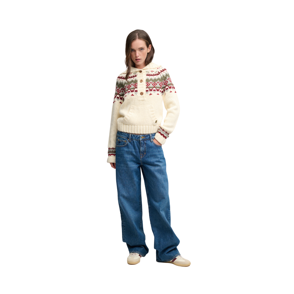 Fairisle 1/2 Button Hoodie - 1GP Ecru Multi