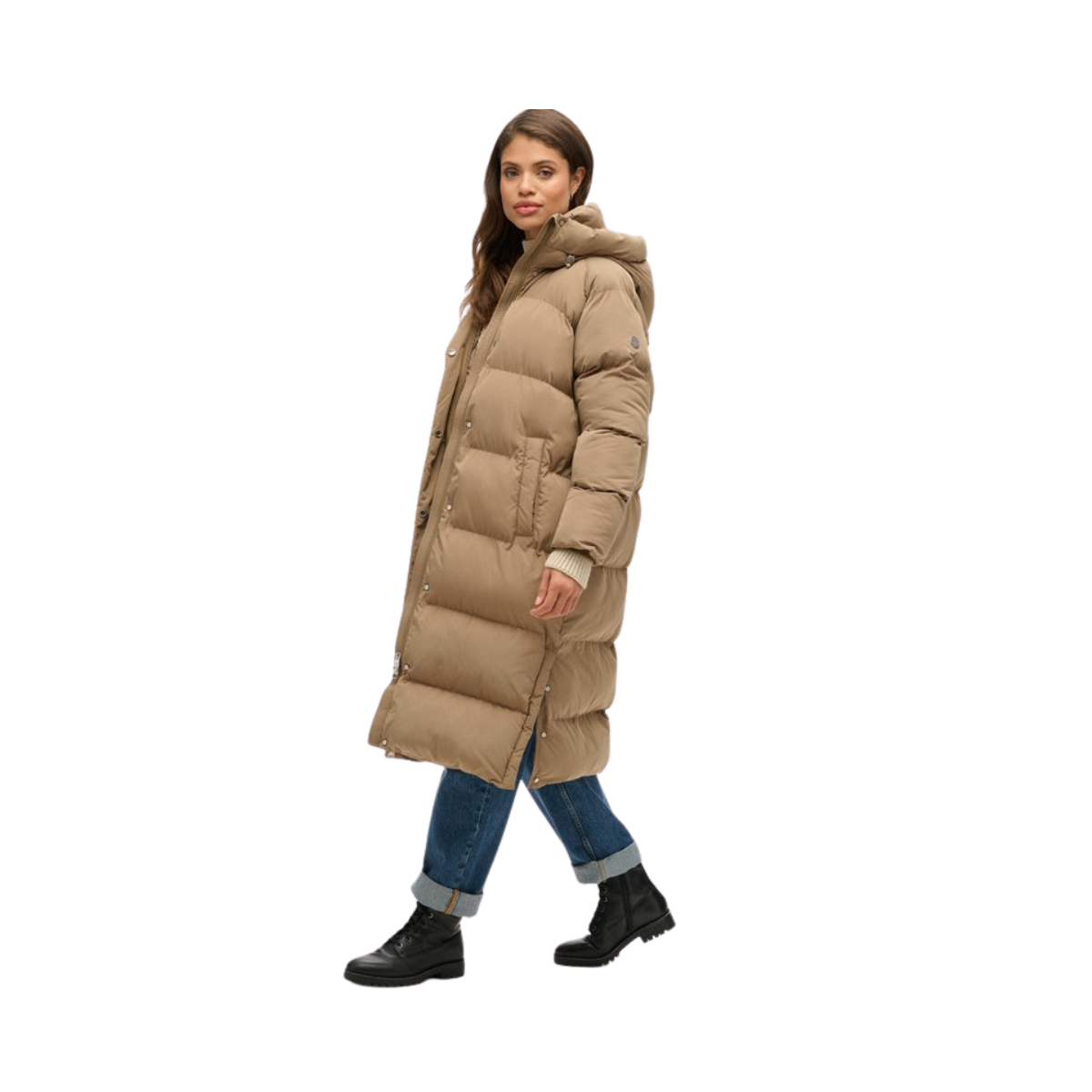 Longline Hooded Puffer Jacket - 8KO Fossil Brown