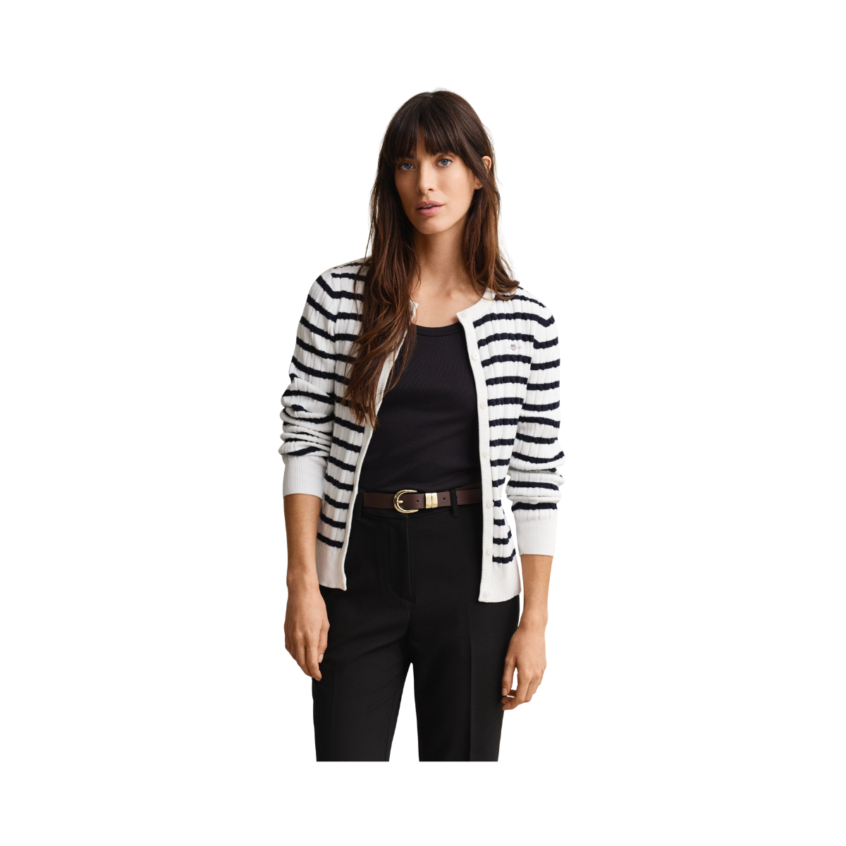 Stretch Cotton Cable Stripe Cardi - Eggshell
