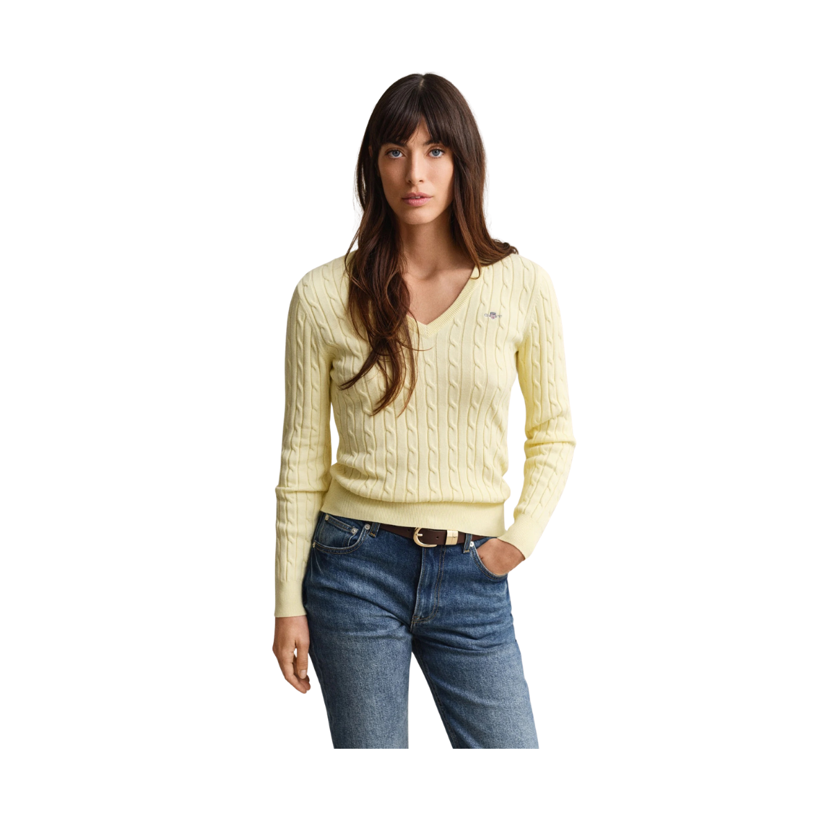 Stretch Cotton Cable V-Neck - Vanilla Yellow