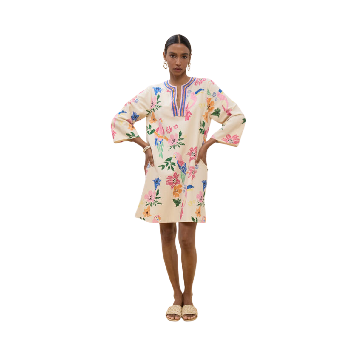 Short Dress with Beads - Ecru-Multicolor