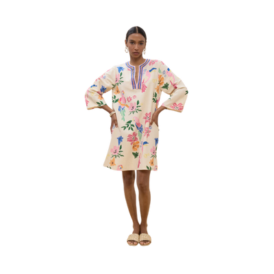 Short Dress with Beads - Ecru-Multicolor