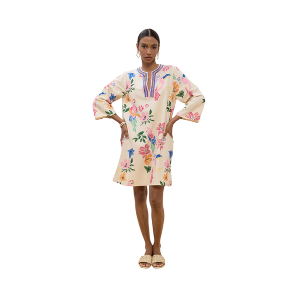 Short Dress with Beads - Ecru-Multicolor