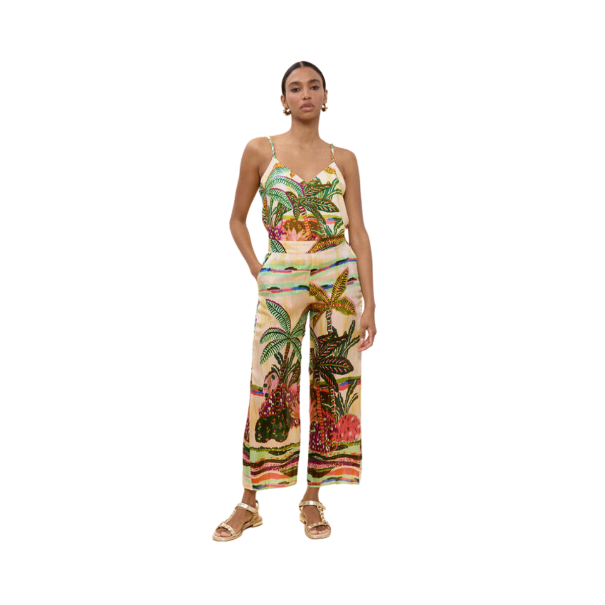 Palm Tree Print Pants - Ecru-Multicolor