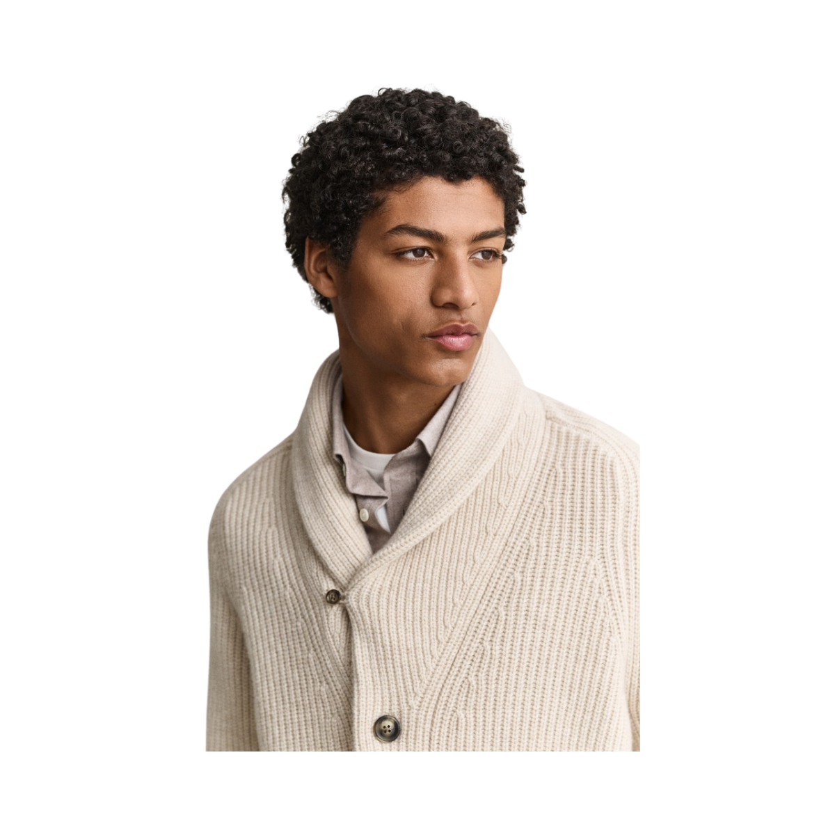 Ribbed Wool Blend Shawl Cardigan - Light Beige Melange