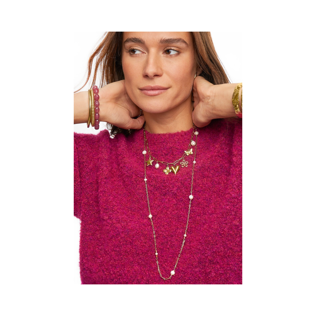 Necklace Pink Beads Multi Charms - 1200 Gold