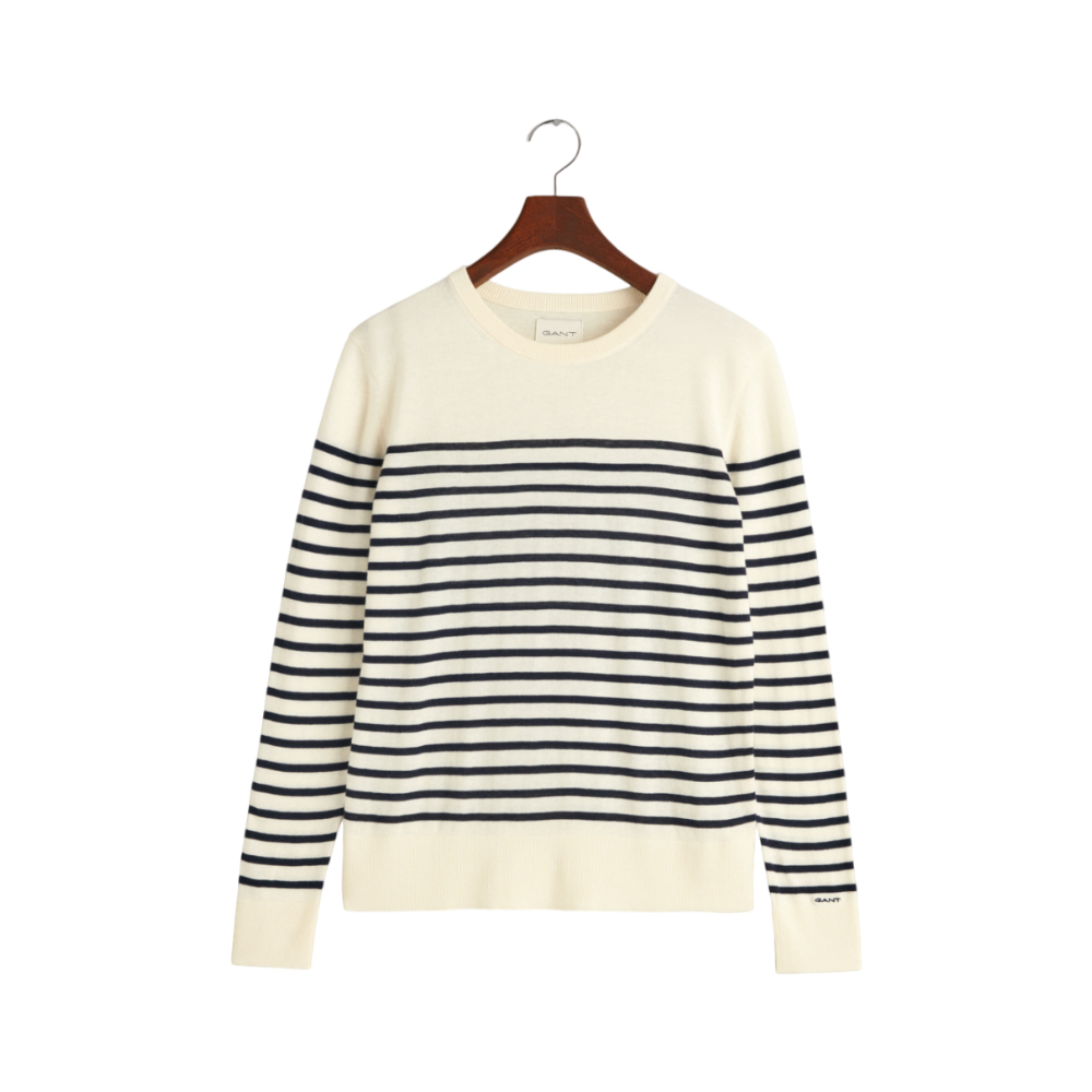 Fine Knit Striped Crewneck - White