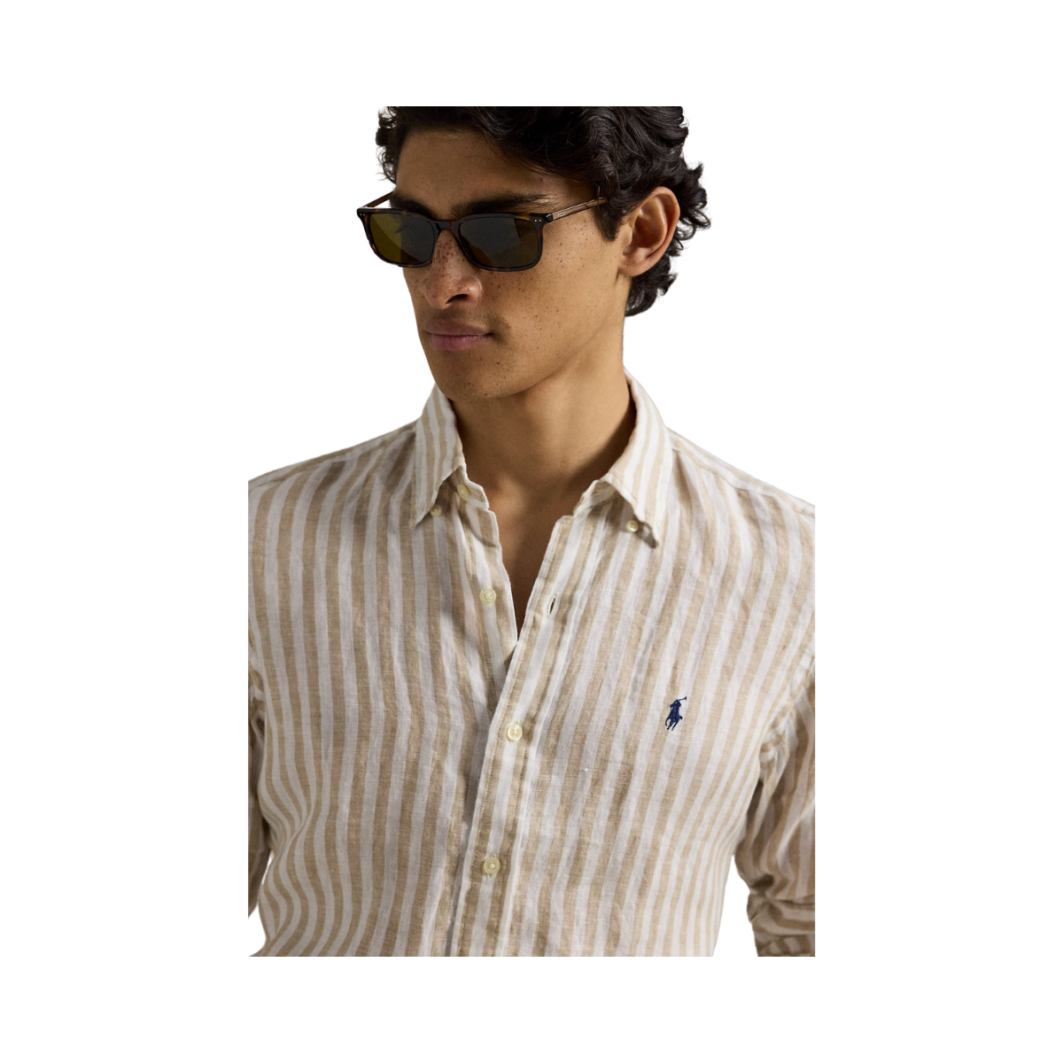 Custom Fit Striped Linen Shirt - Coastal Beige/White