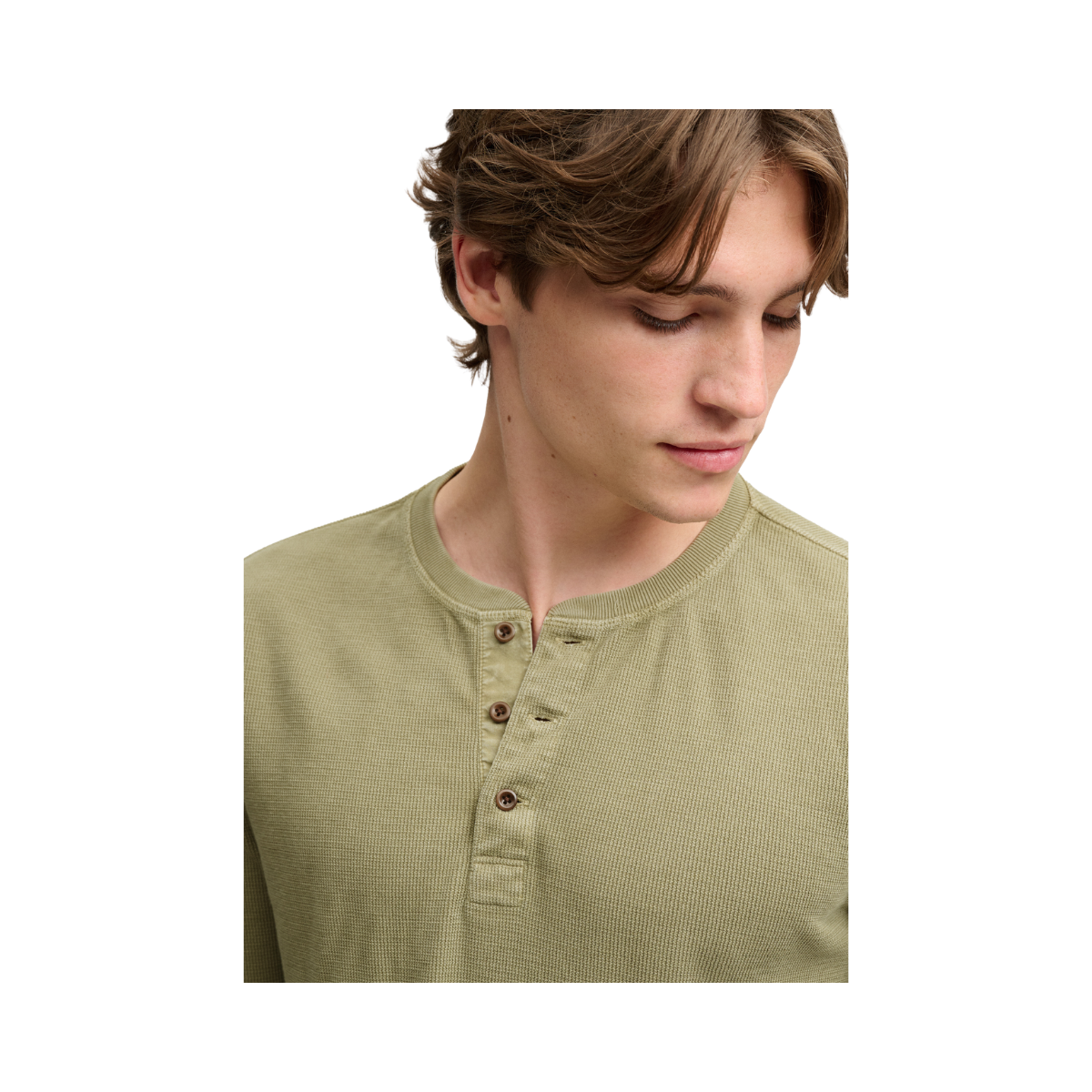 Waffle Long Sleeve Henley Top - Light Khaki Green