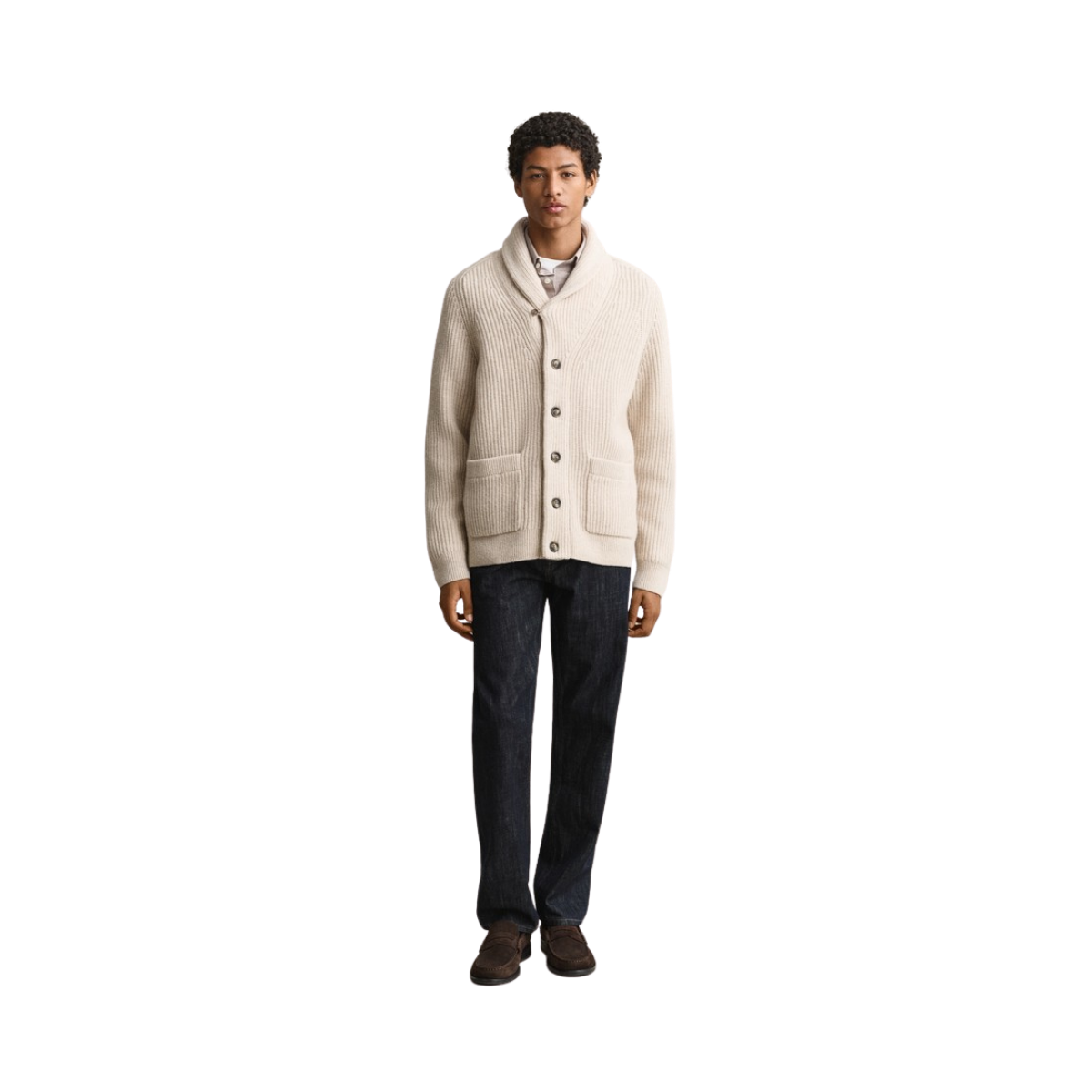 Ribbed Wool Blend Shawl Cardigan - Light Beige Melange