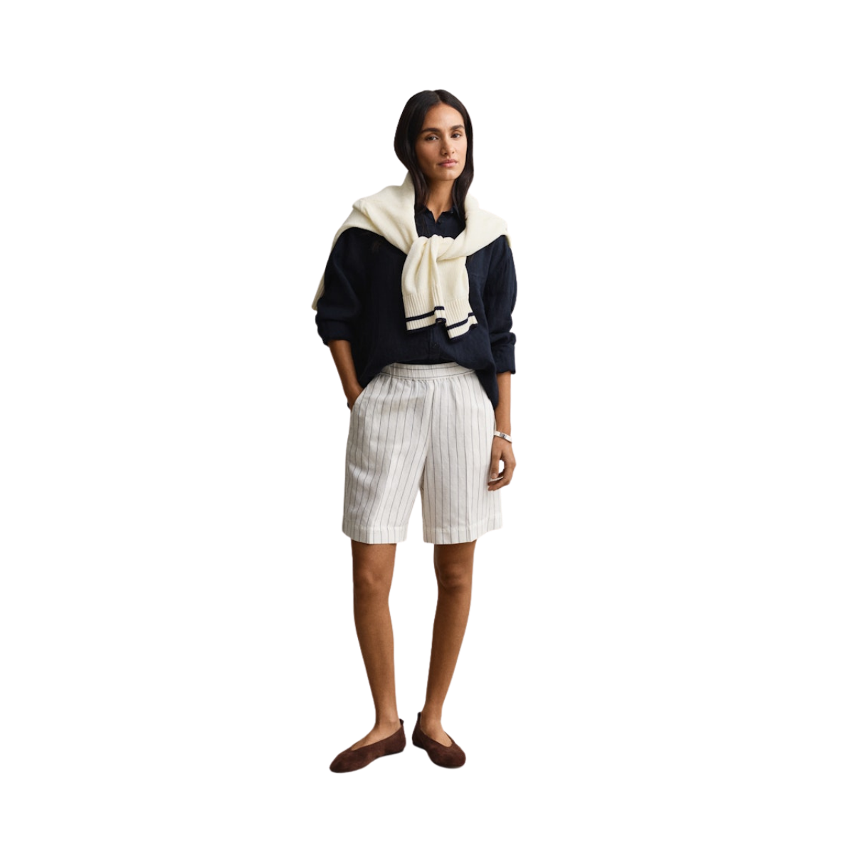 Striped Linen Blend Pull On Shorts - 113 Eggshell