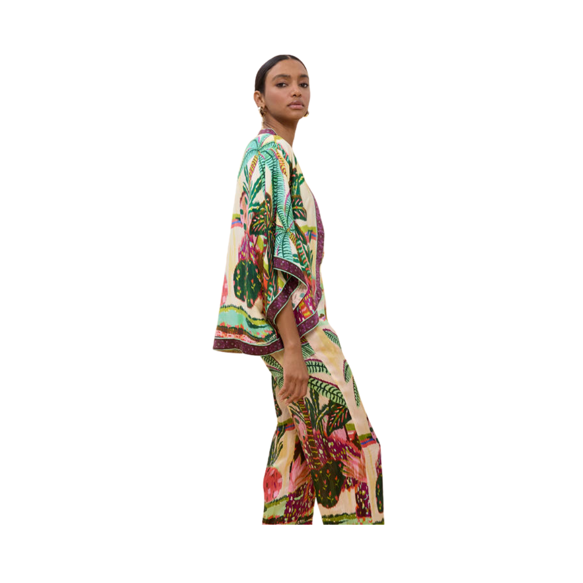 Palm Print Kimono - Ecru-Multicolor