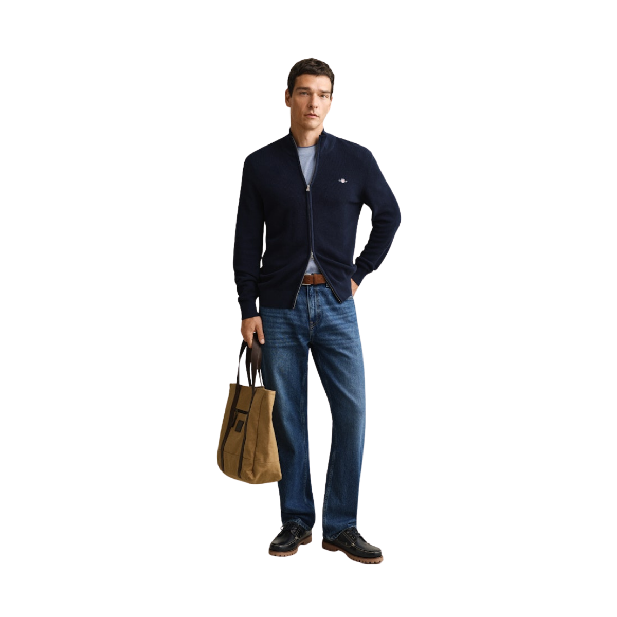 Micro Textured Cotton Zip Cardigan - Evening Blue