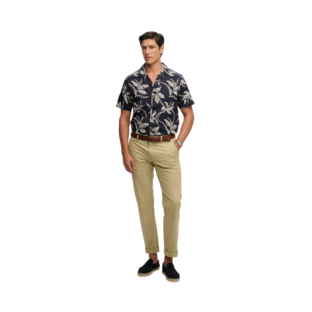 Hawaiian Print S/S Shirt - Canna Leaves Navy