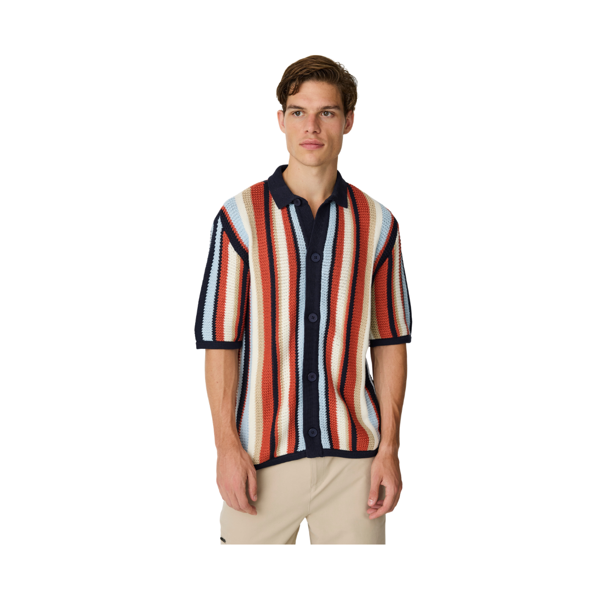 Loose Short Sleeve Striped Knitted Shirt - Navy
