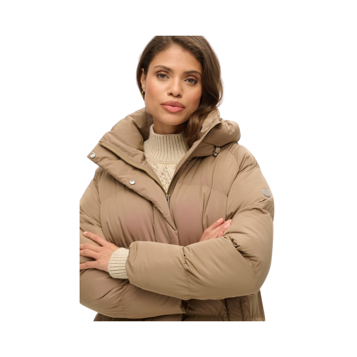 Longline Hooded Puffer Jacket - 8KO Fossil Brown