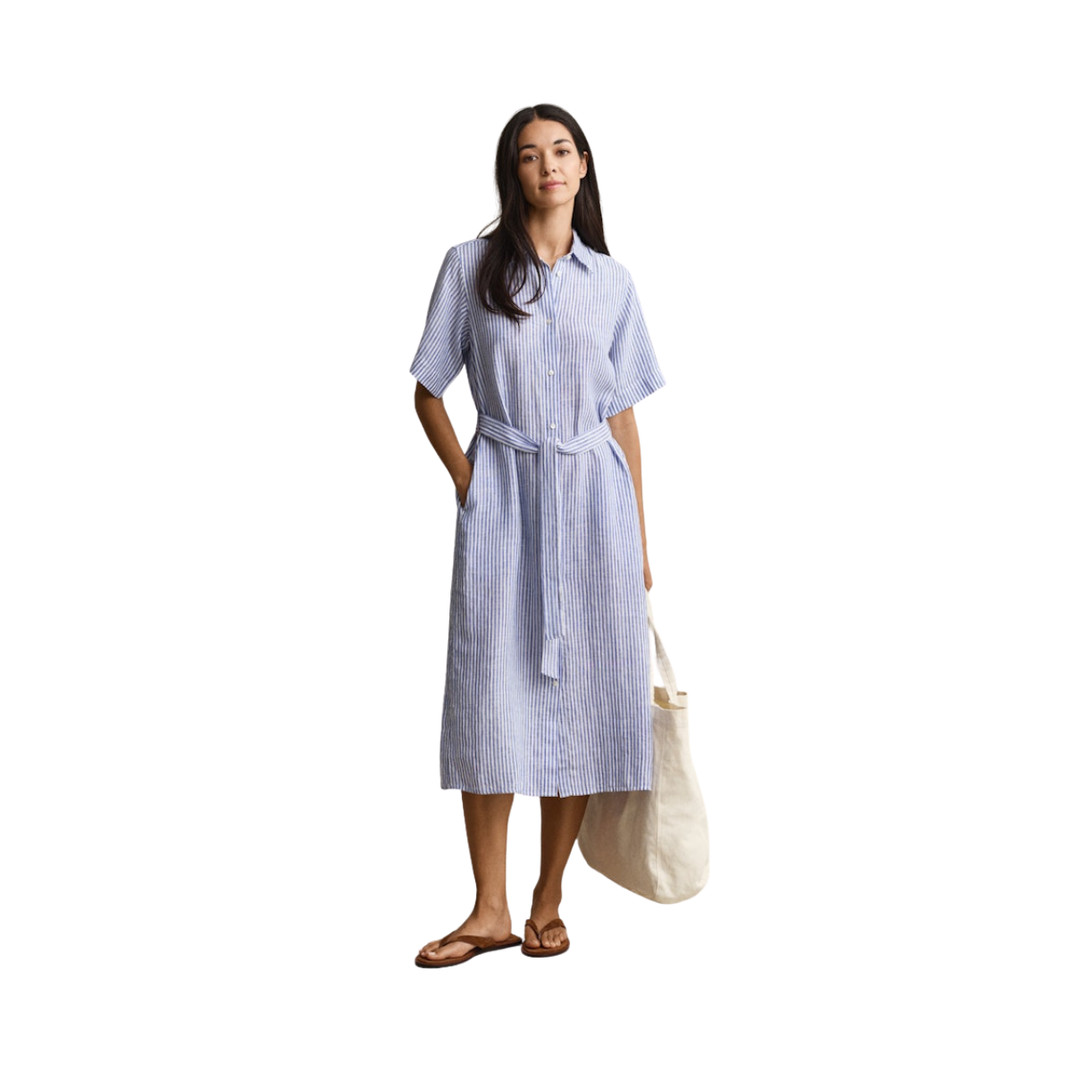 Striped Linen SS Shirt Dress - 417 Royal Blue