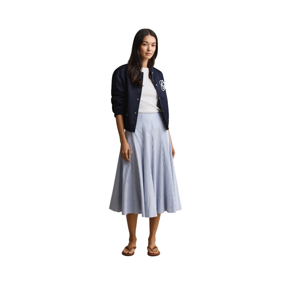 Stripe Ctn Panel Midi Skirt - Hydrangea Blue