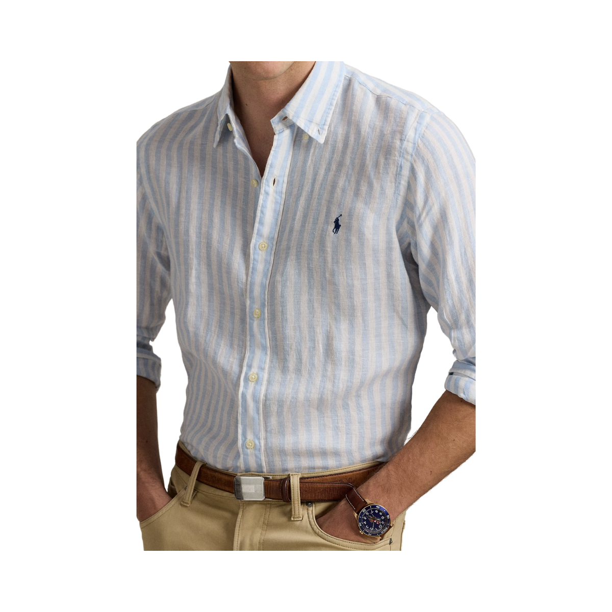 Custom Fit Striped Linen Shirt - Office Blue/White