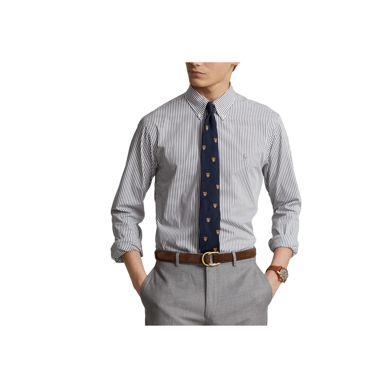 Custom Fit Striped Stretch Poplin Shirt - Grey