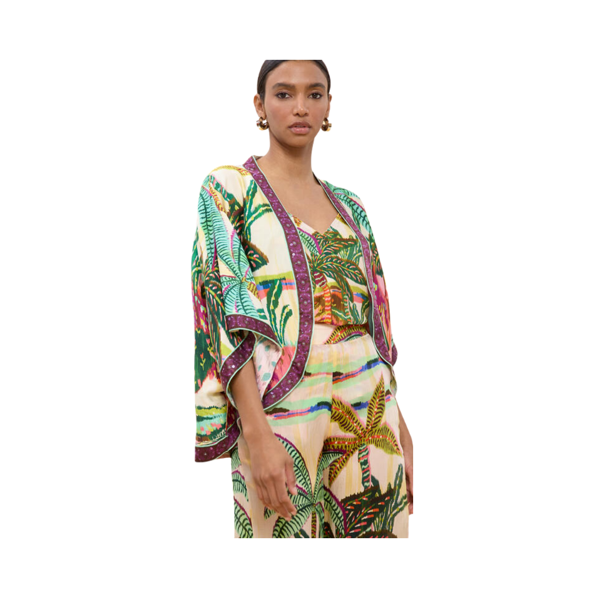 Palm Print Kimono - Ecru-Multicolor
