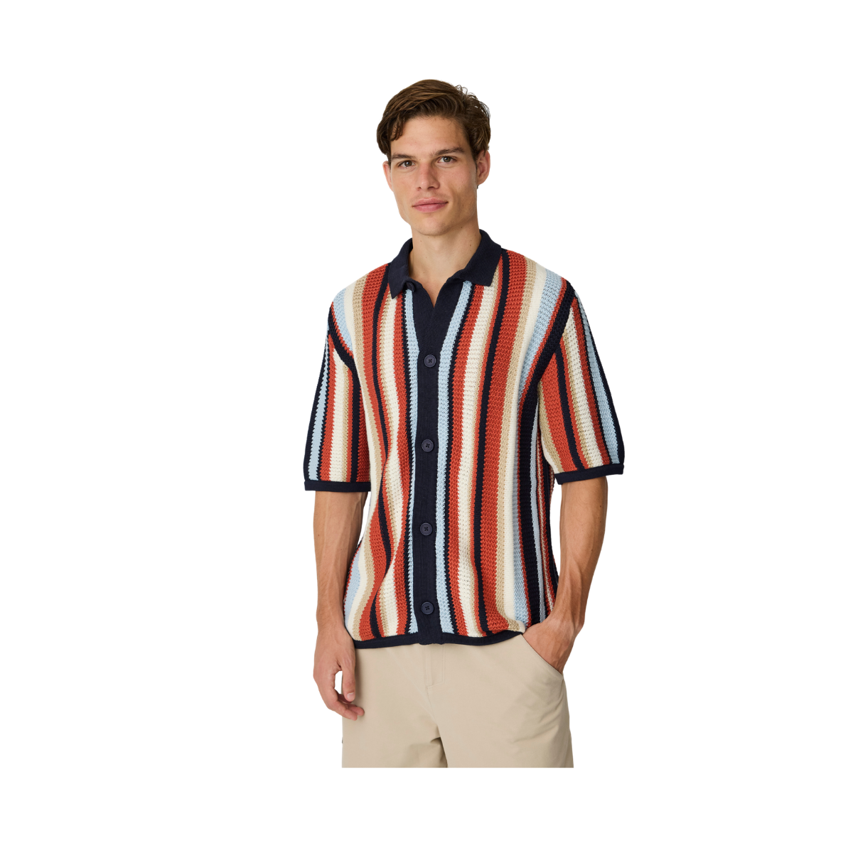 Loose Short Sleeve Striped Knitted Shirt - Navy