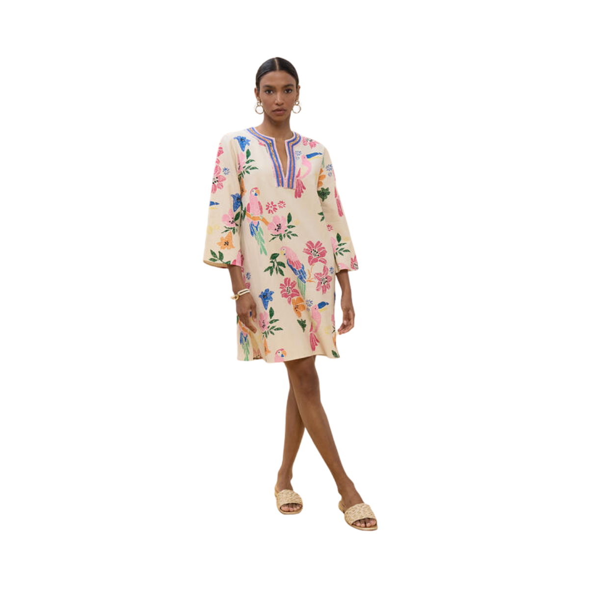 Short Dress with Beads - Ecru-Multicolor
