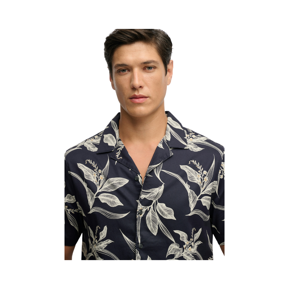 Hawaiian Print S/S Shirt - Canna Leaves Navy
