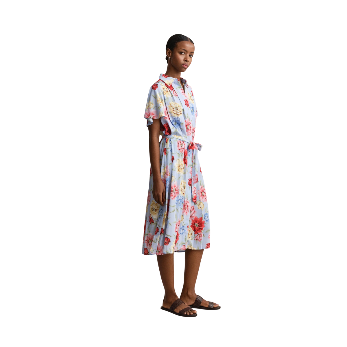 Floral Print Pleated Shirt Dress - Light Blue